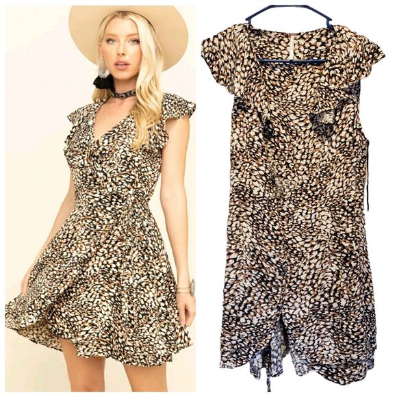 Free People French Quarter Mini Dress Leopard Wrap Ruffle Flutter Sleeve Small - Picture 1 of 12